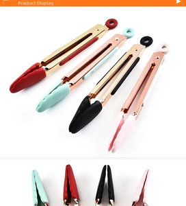 Set of 4 gold stainless steel food tongs with colorful silicone tips and locking rings