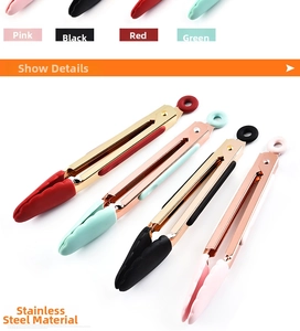 Detail view of colorful silicone food tongs with rose gold stainless steel handles