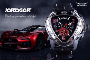 Detail view of triangular automatic mechanical watch with carbon fiber dial and red accents