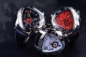 Triangle dial mechanical watches in black, red, and white with leather straps