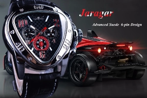 Racing style mechanical watch with triangle case and carbon fiber dial on red sports car
