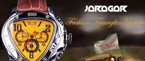 Detail of triangle automatic mechanical watch with yellow dial and brown leather strap