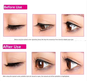 Macro comparison showing before and after eyelash curling effects with portable curler
