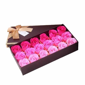 Elegant gift box with 18 gradient pink soap roses and a golden ribbon bow on top