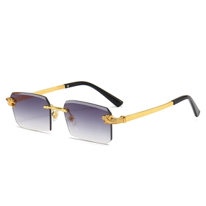 Frameless gradient sunglasses with gold leopard metal temples shown from a 45-degree angle