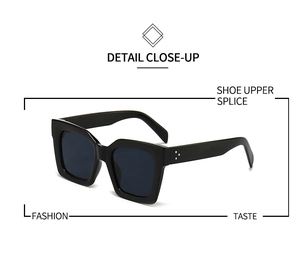 Detailed view of black square PC sunglasses featuring iconic three-point metal rivet accents