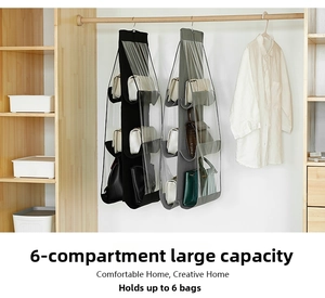 Detail of hanging handbag organizer with 6 large clear PVC pockets on non-woven fabric