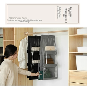 Detail of multi-layer wardrobe hanging bag organizer with clear dustproof side pockets