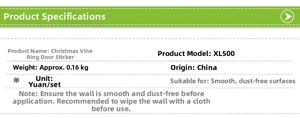 Specifications of Christmas rattan wreath wall sticker XL500 showing weight and application