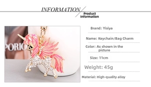 Detail view of pink enamel unicorn keychain with white rhinestones and alloy material