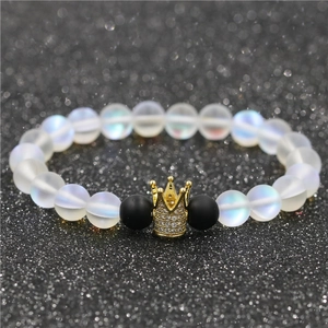 Moonstone crown beaded bracelet set for couples with white frosted and matte black beads