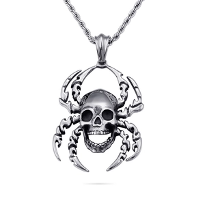 Retro punk silver spider and skull pendant necklace in polished stainless steel