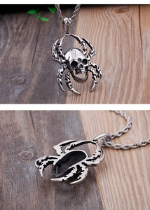 Detailed front and back view of retro punk skull spider pendant on a wooden surface