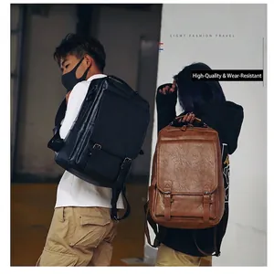 Men's vintage PU leather business backpack in black and brown styles for travel