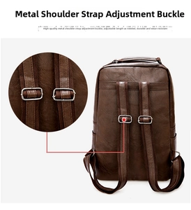 Detail of premium silver metal buckle and adjustable straps on brown leather backpack