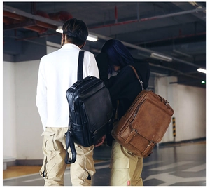 Outdoor PU leather backpack for men shown in black and brown on models back