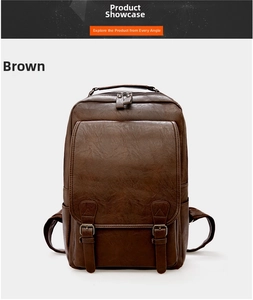 Detailed front view of brown PU leather backpack with lychee texture and buckle straps