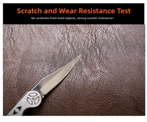 Close-up of scratch-resistant brown PU leather backpack texture showing durability