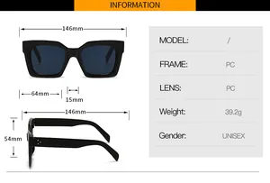 Detailed size chart for retro PC sunglasses showing dimensions and three-dot rivets