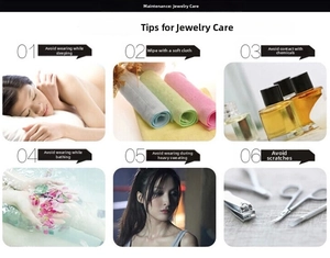 Guide with 6 care tips for jewelry such as rings, necklaces, and earrings in a grid layout
