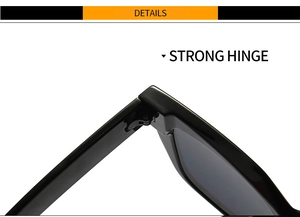 Close-up of the reinforced metal hinge on thick black retro square sunglasses frame