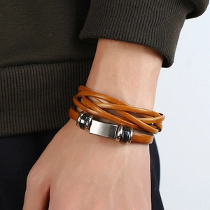 Men's multi-layer braided brown leather wrap bracelet with silver polished metal buckle