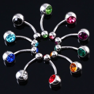Set of ten stainless steel belly button rings with vibrant colorful double gemstones