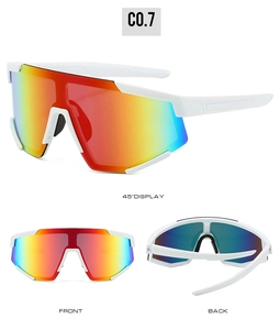 Three-way view of white sports sunglasses showing the 45-degree angle, front and back