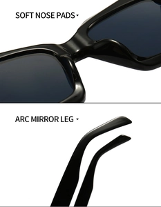 Detail view of soft nose pads and curved mirror legs on black PC sunglasses