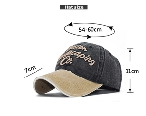 Detailed size specifications of retro washed cotton baseball cap with 3D embroidery