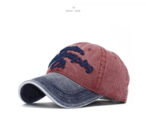 Detail view of 3D embroidery and vintage washed cotton texture on a baseball cap