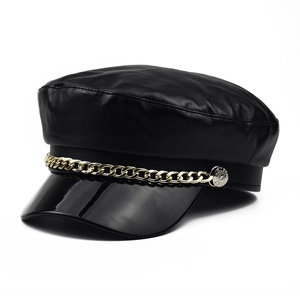 Women PU Leather Newsboy Cap With Gold Metal Chain Patent Leather Brim Vintage Sailor Hat British Style Baker Boy Hat