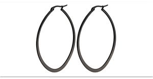 Detail shot of large matte black oval hoop earrings with a flat geometric metal design
