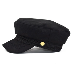 Vintage black wool sailor fiddler cap with floral embroidery and golden buttons detail