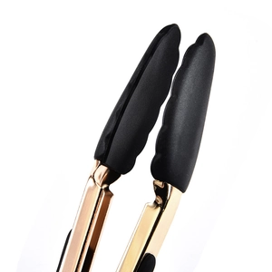 Professional gold-plated food tongs with black non-stick silicone head and floral shape grip