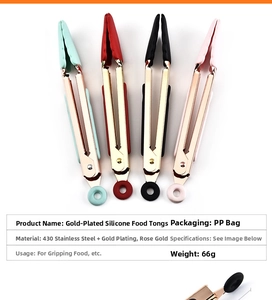 Detail of rose gold stainless steel food tongs with colorful silicone tips and hanging loops