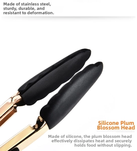 Detailed close-up of gold stainless steel food tongs with non-slip silicone plum head