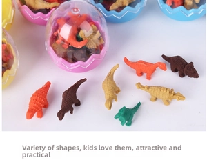 Detail showing colorful 3D dinosaur erasers and transparent egg packaging shells