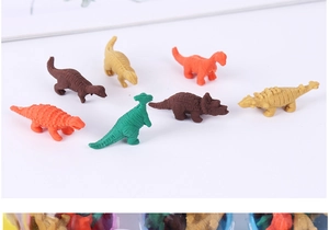 Detailed view of colorful dinosaur erasers in brown, orange, green and yellow colors