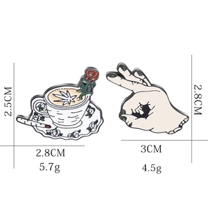 Punk enamel pins set featuring a rose coffee cup and OK hand gesture with dimensions