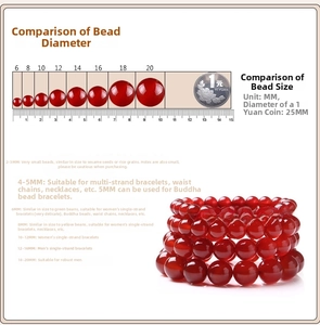 Size comparison chart for tiger eye beads ranging from 6mm to 20mm with a coin scale