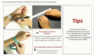 Detailed guide showing measurement methods for wrist size using string and soft ruler
