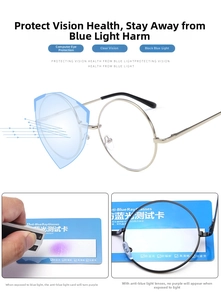 Dettaglio del test delle lenti anti-luce blu su occhiali tondi rétro con montatura in metallo