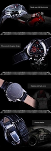 Detail view of triangular automatic mechanical watch with leather strap and steel case