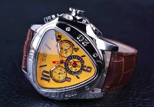 Macro side view of a triangular silver mechanical watch with a textured yellow dial