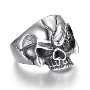 Men's double skull ring in stainless steel with polished punk rock aesthetic design