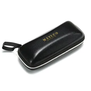 Black lychee leather zipper glasses case with gold logo and convenient hanging strap