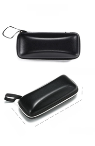 Black lychee pattern leather glasses case with zipper closure and dimensions display