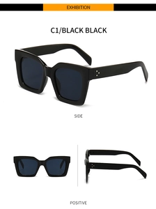Detail view of black square PC sunglasses featuring three silver rivets and sleek finish