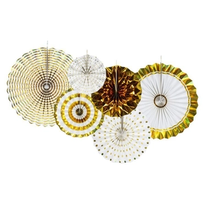 Folding Paper Fan Decorations For Wedding Birthday Party Gold White Stripes Polka Dots Metallic Pattern Paper Hanging Fans Backdrop Decor